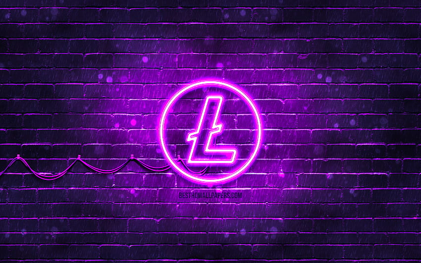 Logo viola Litecoin, muro di mattoni viola, logo Litecoin, criptovaluta, logo al neon Litecoin, Litecoin Sfondo HD