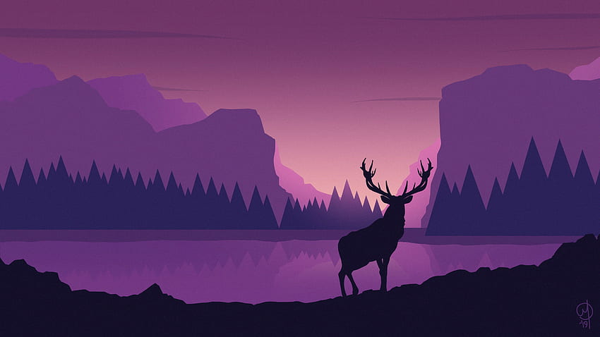 Art, Landscape, Mountains, Vector, Deer HD wallpaper