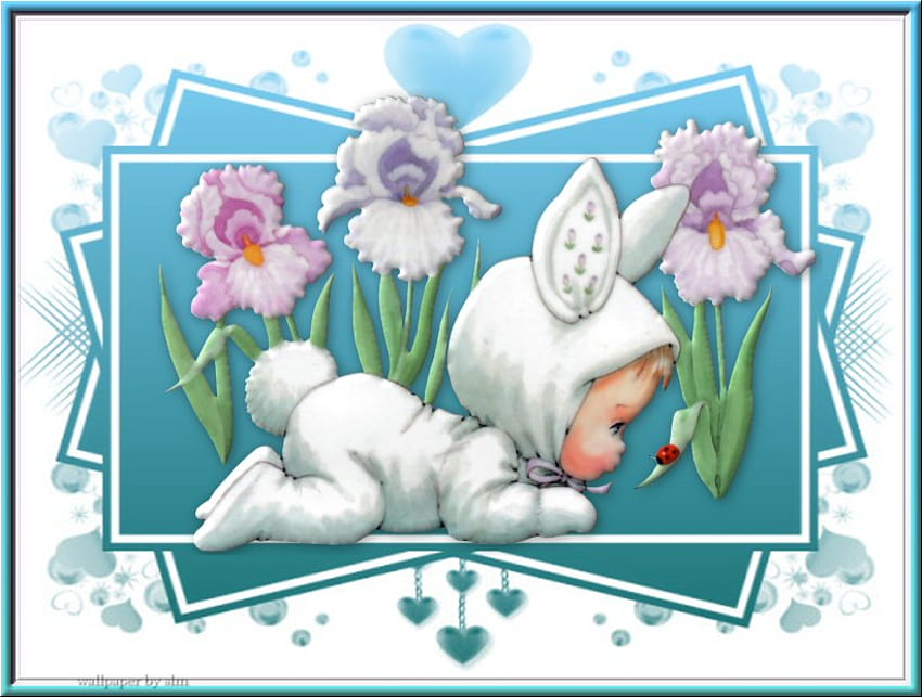 Cutie pasquale con fiori, coniglietto, fiori di iris, maschera, coccinella, cutie in abito pasquale Sfondo HD
