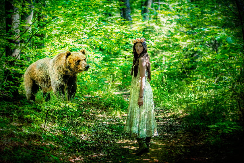 girl, Bear, Fantasy, Situation, Forest / and Mobile Background HD wallpaper