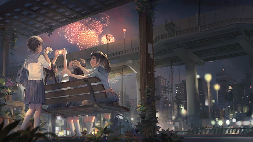 Anime-Schulmädchen, Festival, Feuerwerk, Bank, Freunde, Schuluniform, Anime-Festival HD-Hintergrundbild