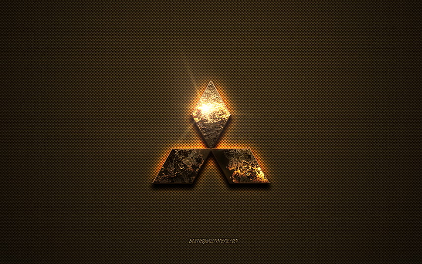 Златно лого на Mitsubishi, произведения на изкуството, кафяв метален фон, емблема на Mitsubishi, лого на Mitsubishi, марки, Mitsubishi HD тапет