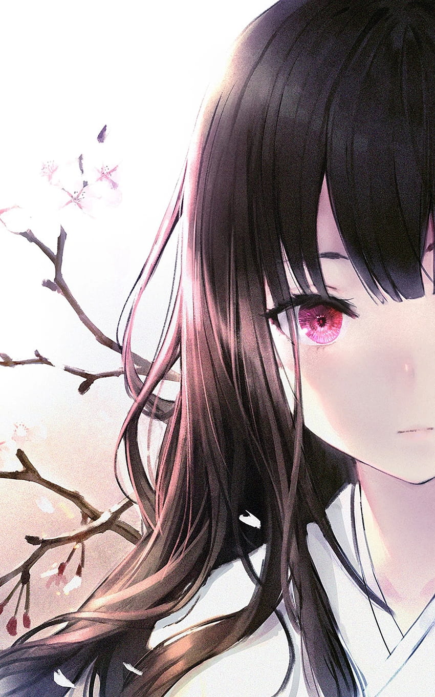 Gadis Anime, Rambut Hitam, Mata Merah Muda, Kimono, Bunga Sakura untuk Google Nexus 10 wallpaper ponsel HD