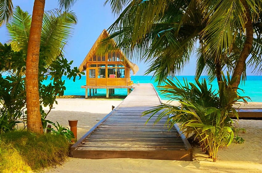 Playa: Tropical Hut Sands Breeze Relax Ocean Walk Rest Coast, Beautiful Vacation fondo de pantalla