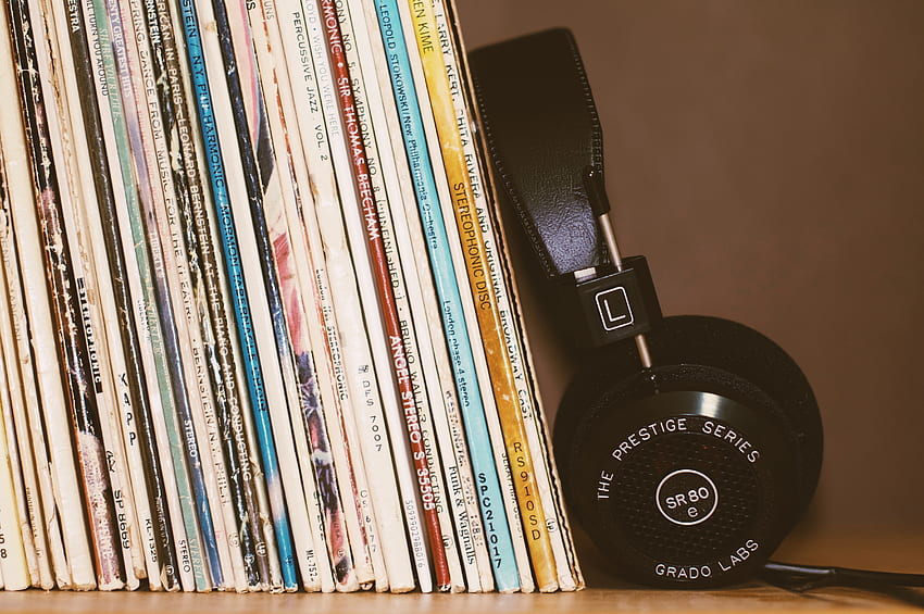 Muzyka, słuchawki, kolekcja, płyty winylowe Tapeta HD