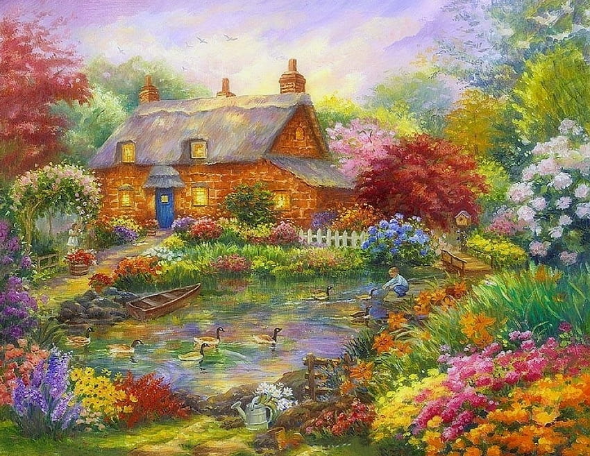 Summer Cottage, boat, attractions in dreams, garden, paintings, summer, ducks, love four seasons, cottages, animals, nature, flowers, pond HD wallpaper