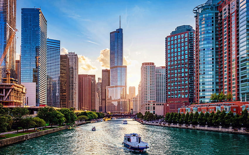 Chicago River, moderne Gebäude, amerikanische Städte, Illinois - Chicago Riverwalk - - HD-Hintergrundbild
