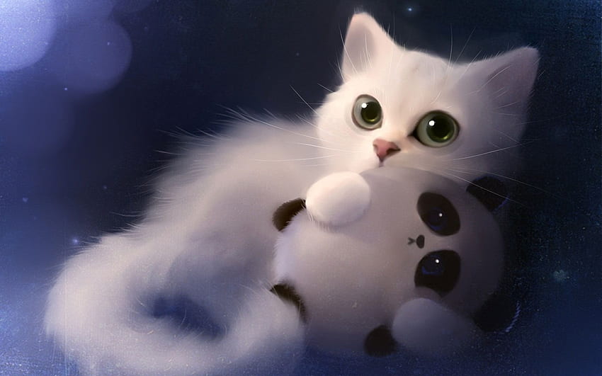 Art painting white cat and toy panda HD wallpaper