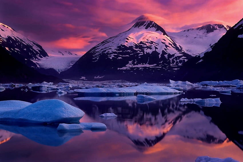 glaciers, Cold, Mountain, Sunset, Nature, Alaska, Snowy Peak, Alaska Mountains Winter HD wallpaper