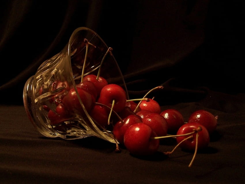 Sweet cherries-YUM!!, stems, black, cherries, red, glass bowl, fruit HD wallpaper