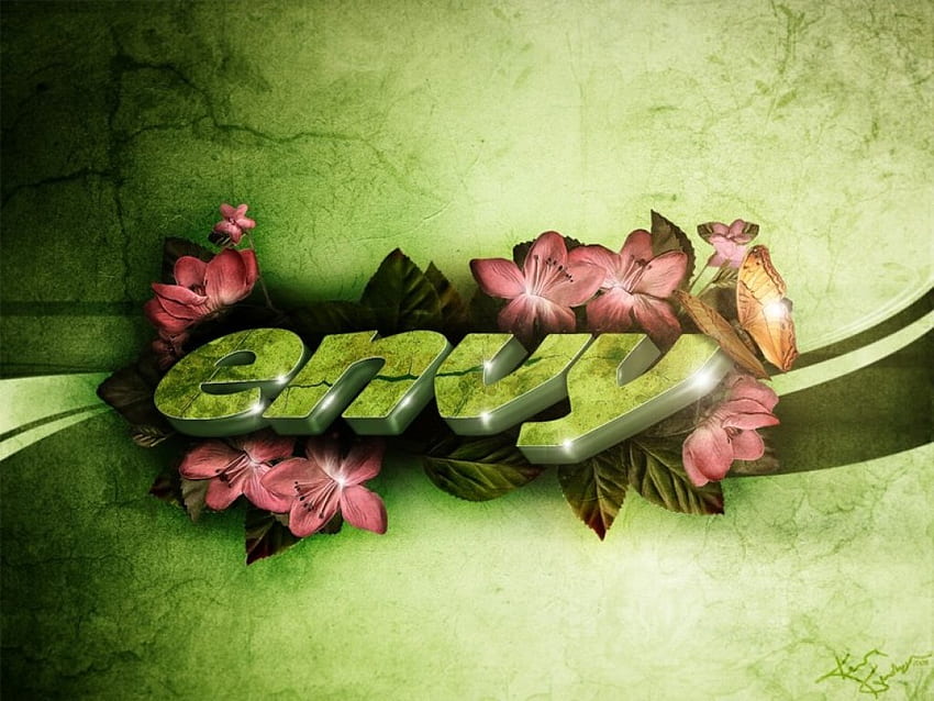 KG Envy, envy, butterfly, 3d, sin, green, flowers, 1, typo HD wallpaper