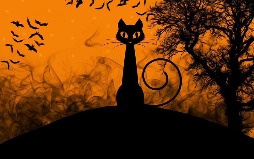 Fröhliches Halloween!, Schwarz, Fledermaus, Katze, Orange, Pisica, Halloween, Fantasie, Karte, Silhouette HD-Hintergrundbild