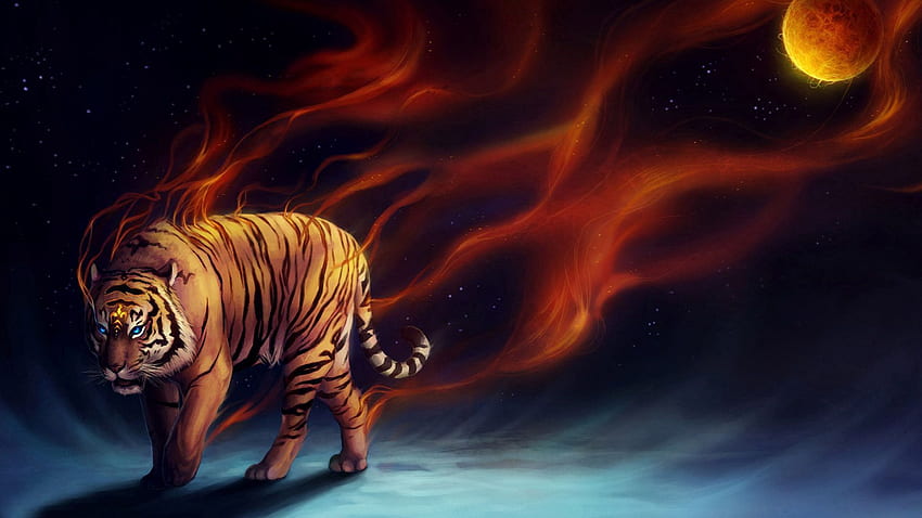 tiger, abstract, moon, art full , tv, f, background, Space Tiger HD wallpaper