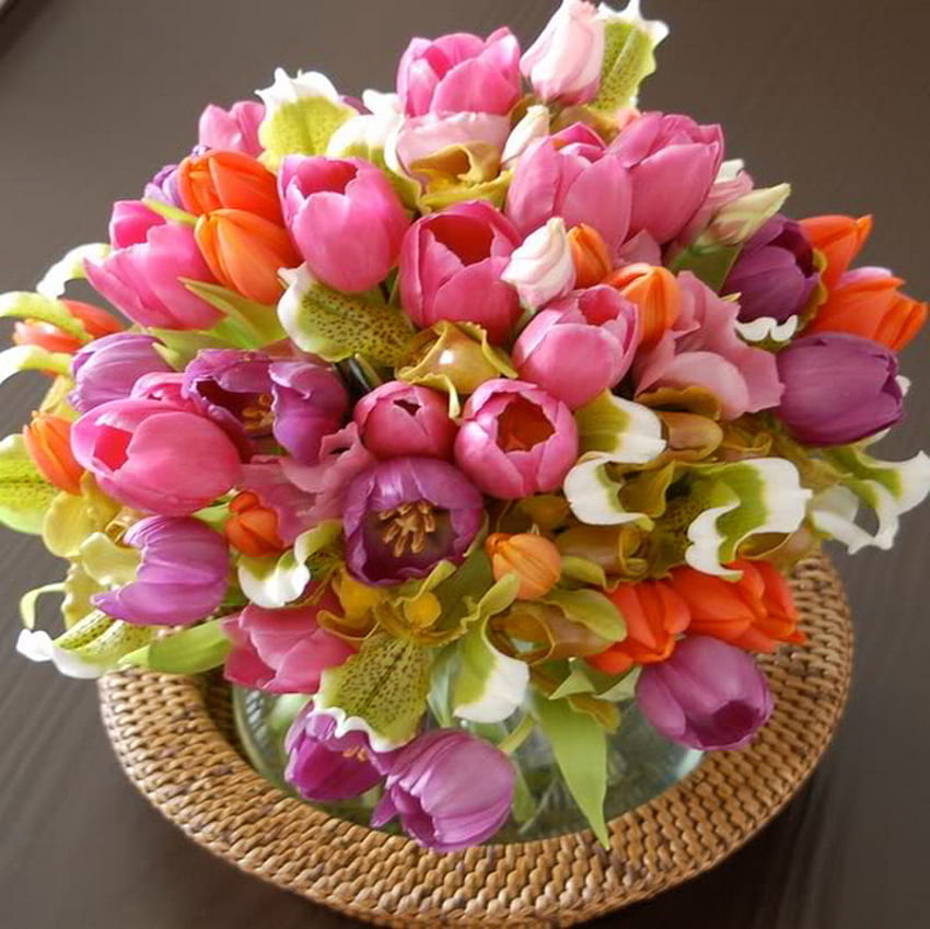 colorato, bouquet, giallo, tulipani, orchidee Sfondo HD