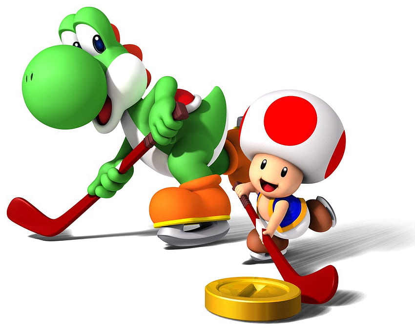 Yoshi und Toad Playing Coin Hockey, Coin, Toad, Put, Yoshi, Hockey, Mario, Videospiele, Hockeyschläger HD-Hintergrundbild