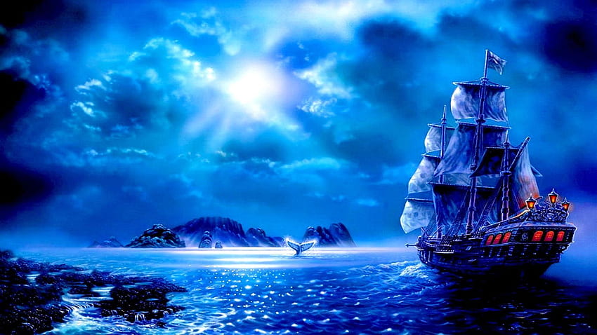 Océano Barco Azul Fantasía, Mar fondo de pantalla
