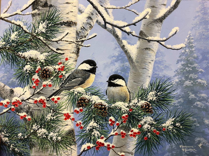 Zimowi przyjaciele, dzieła sztuki, ptaki śpiewające, sikorki, ptaki, malarstwo, śnieg, drzewa Tapeta HD