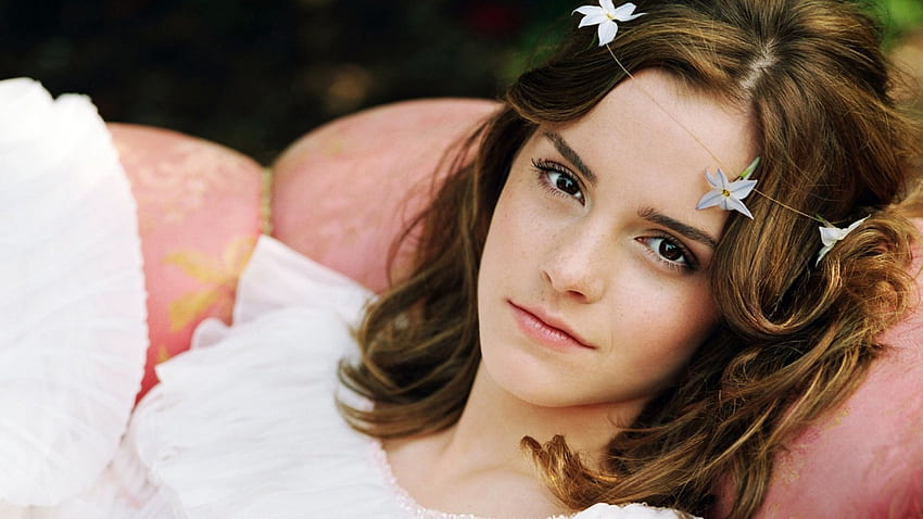 Emma Watson, rosa, branco, flor, rosto, menina, atriz, mulher papel de parede HD
