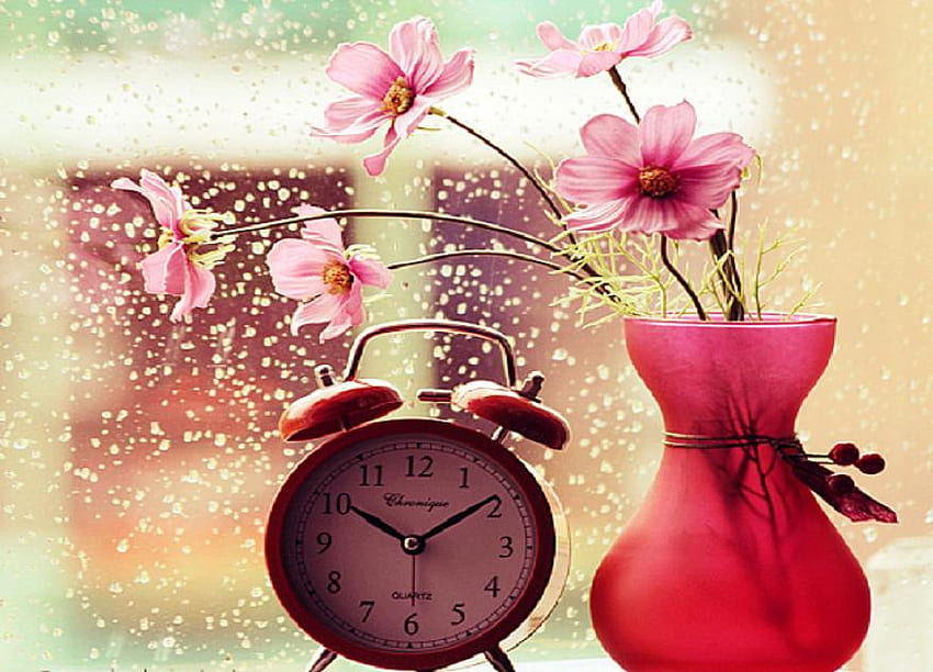 another nice morning, delecate, plants, soft, vase, nice, blossoms, nature, flowers, clock, blooms, lovely HD wallpaper