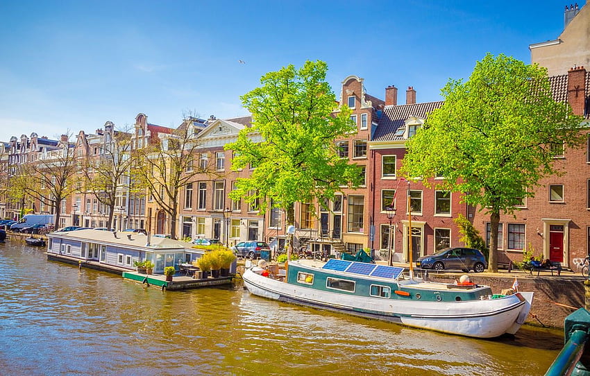 river, spring, boats, Amsterdam, Amsterdam, old HD wallpaper