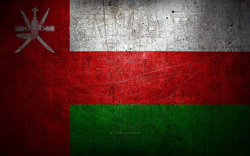 Omani metal flag, grunge art, asian countries, Day of Oman, national symbols, Oman flag, metal flags, Flag of Oman, Asia, Omani flag, Oman HD wallpaper