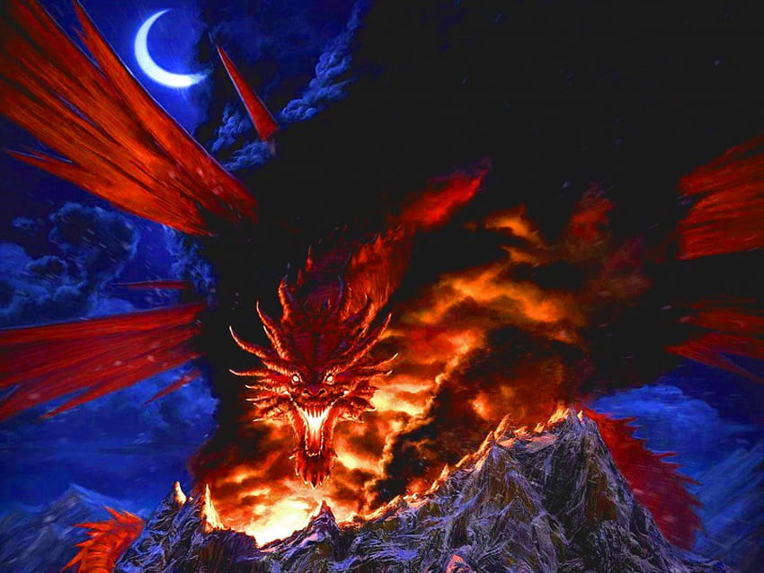 Destroyer of Dreams, dragon, fantasy, fire, mountain HD wallpaper