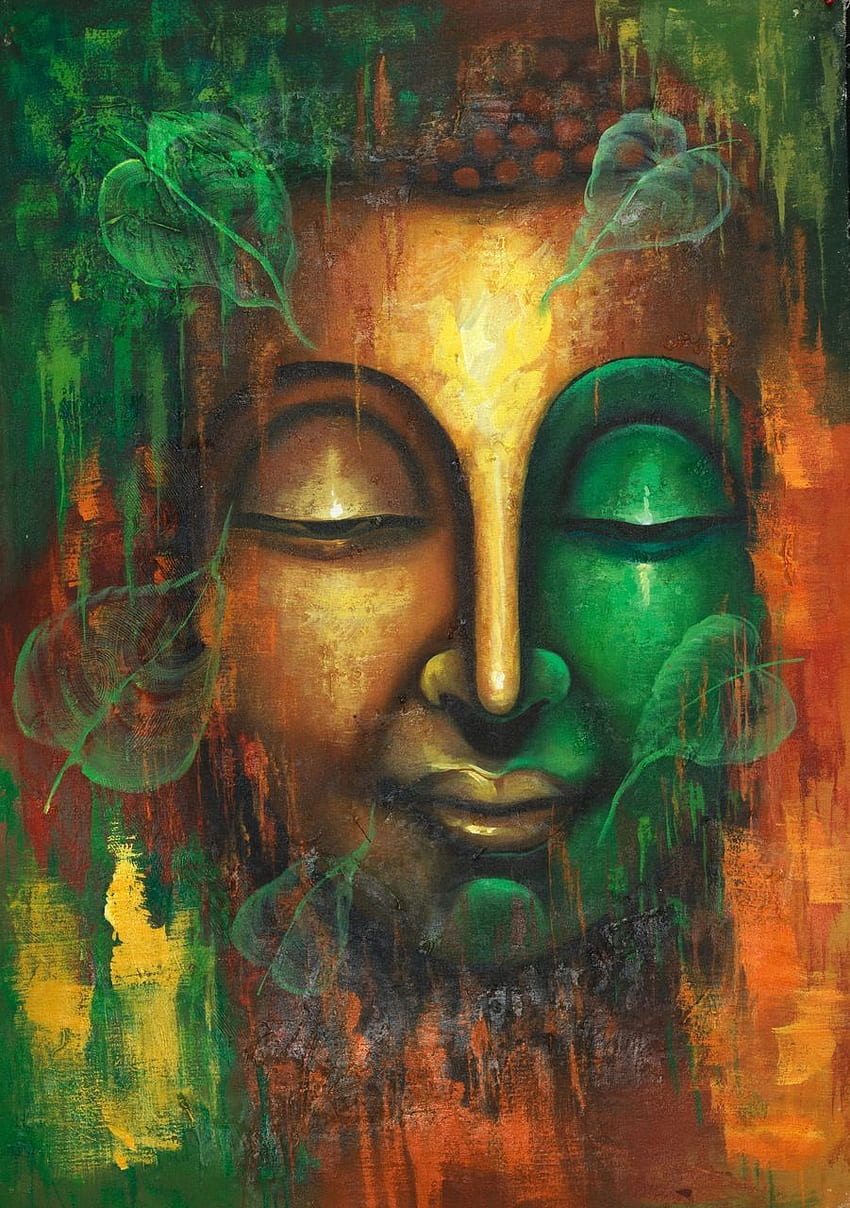 Buddha mit Blättern, friedlicher Buddha, ruhiger Buddha, Spa-Gemälde, ruhiger friedlicher Buddha mit schwimmenden Blättern, FR_. Buddha-Malleinwand, Buddha-Malerei, Buddha-Kunst HD-Handy-Hintergrundbild