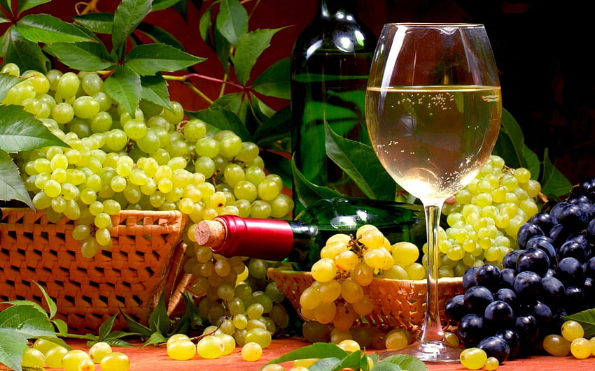 A GLASS of WINE, white, leaves, glass, baskets, bottle, wine HD wallpaper