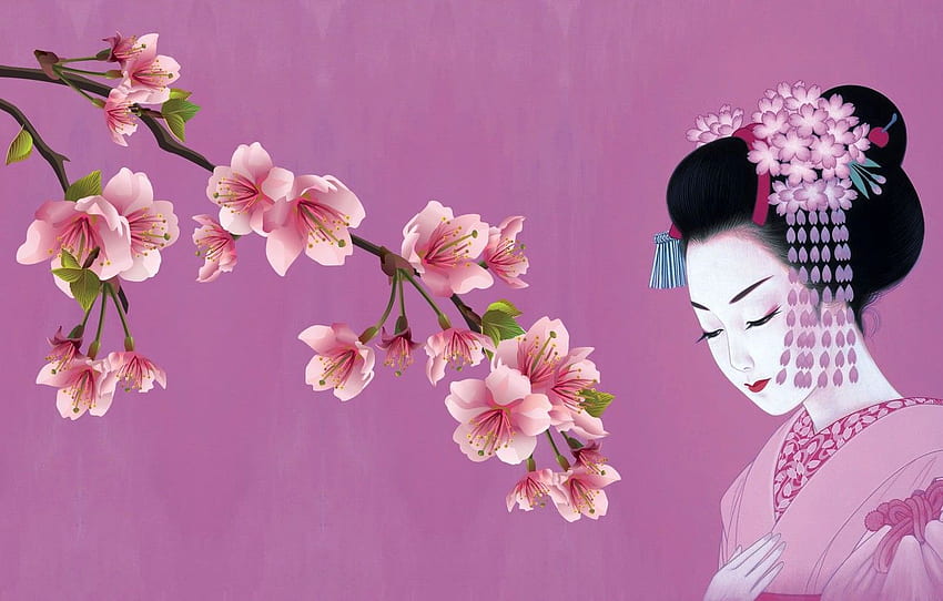 girl, Japanese, spring, Sakura, art, kimono, tradition, kanzashi for , section арт HD wallpaper