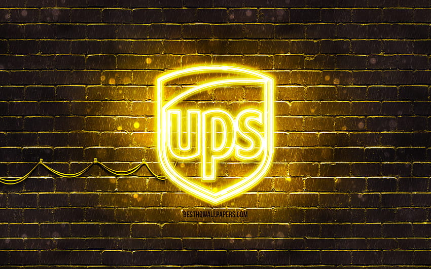 Żółte logo UPS, żółta ściana z cegły, logo UPS, marki, neonowe logo UPS, UPS Tapeta HD