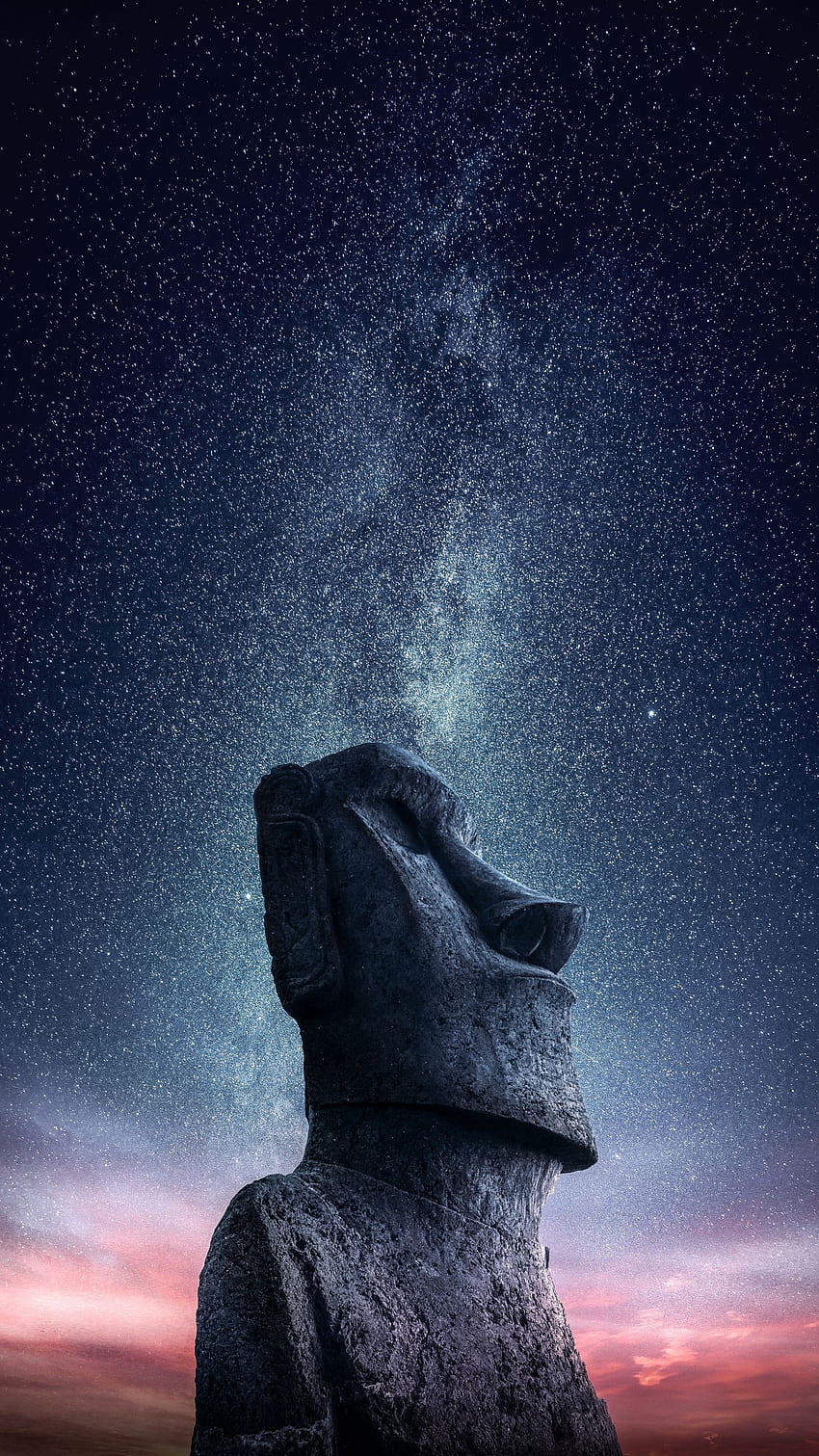 moai, statua, idol, wyspa wielkanocna, gwiaździste niebo q samsung galaxy s6, s7, krawędź, uwaga, tło lg g4 Tapeta na telefon HD