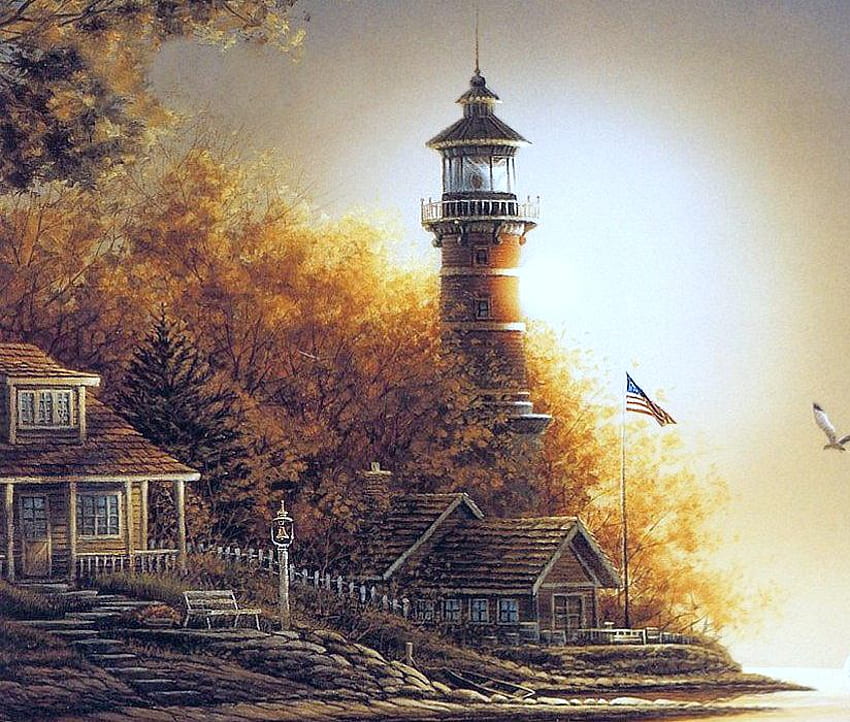 Lighthouse01, sea, birds, house, cottage, sunset HD wallpaper