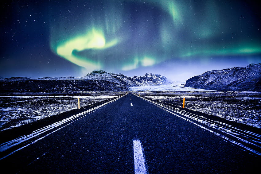 Aurora Borealis, Northern Lights, highway, road, winter HD wallpaper