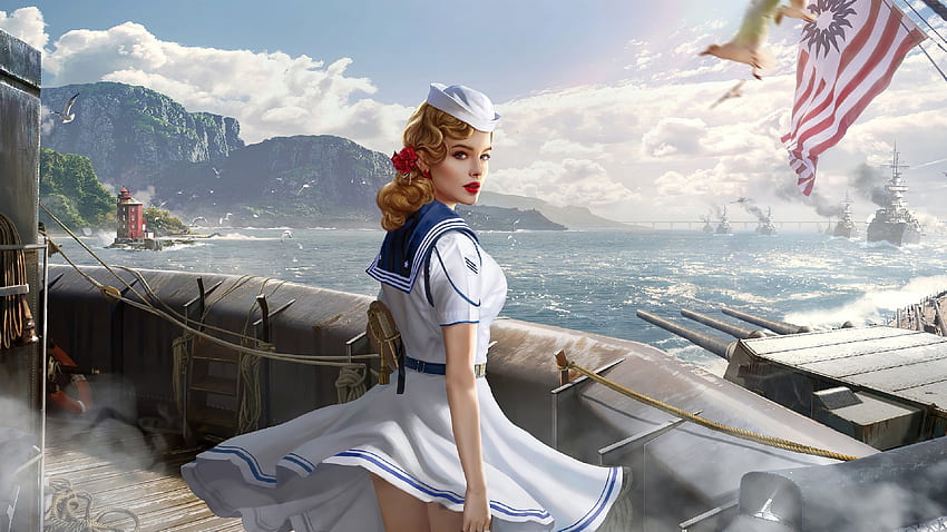 Pinup Girl z II wojny światowej, modelka, statek, II wojna światowa, pinup, ruda, sukienka Tapeta HD