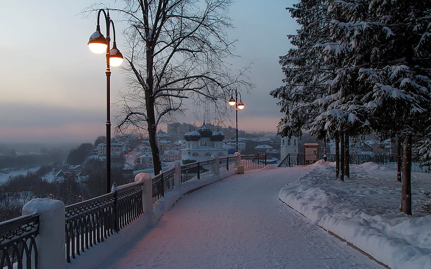 Winter Promenade, winter, lanterns, snow, trees, Russia, promenade HD wallpaper