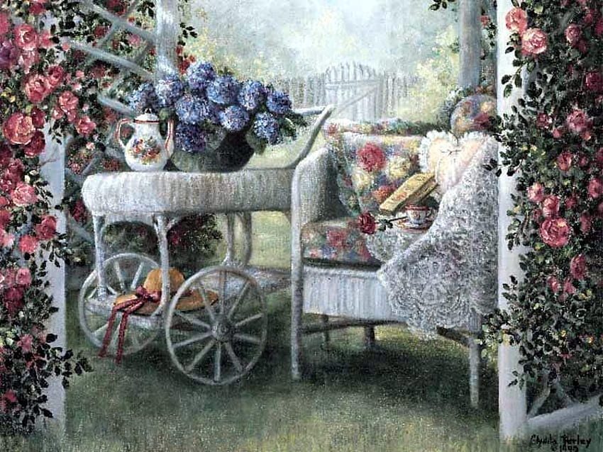 té en el jardín, silla, rosas, jardín, florero, almohada, mimbre, libro, flores, tetera, sombrero, carro fondo de pantalla