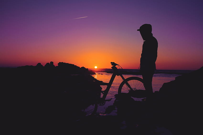 Sunset, Dark, Silhouette, Human, Person, Bicycle HD wallpaper