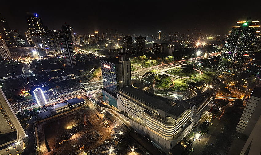 Indonezja Dżakarta Drogi Noc Widok z góry Latarnie uliczne Tapeta HD