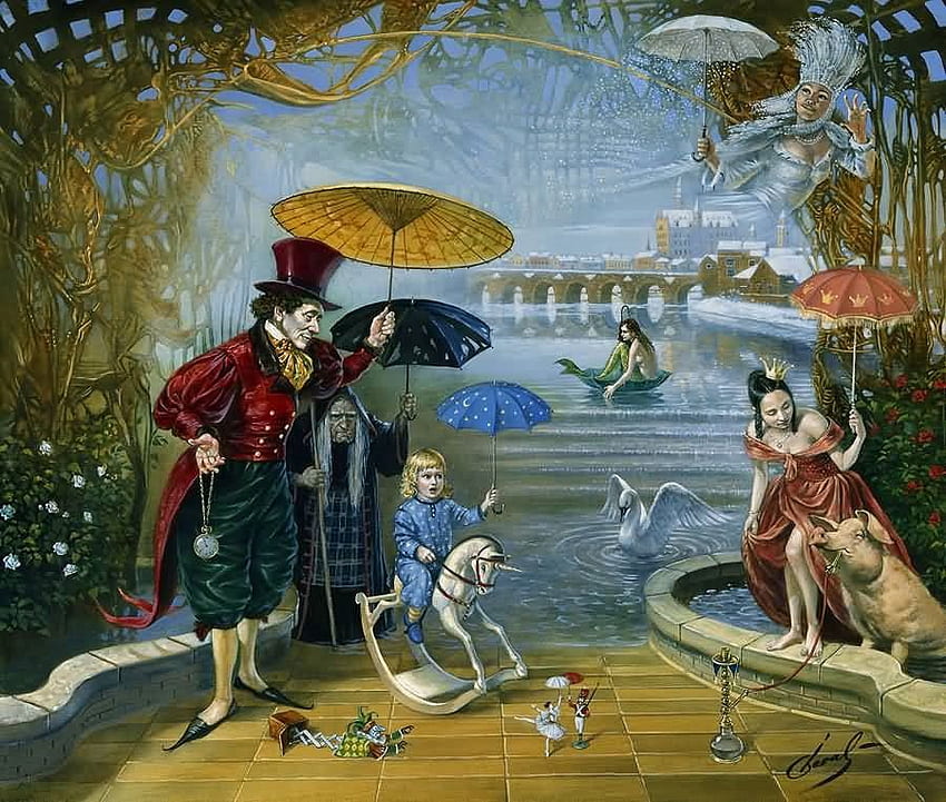 Michael Cheval - Dream Flood in Fairyland, toy, blue, umbrella, horse, surrealism, painting, kid, clock, water, siren, art, lake, pig, michael cheval, yellow, red, flowers, swan, dream flood in fairyland, child HD wallpaper