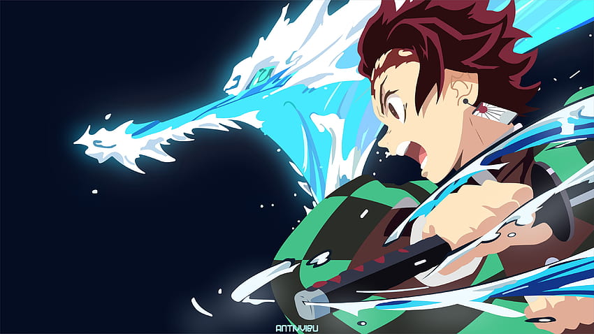 Demon Slayer Tanjirou Kamado With Black Backgorund And Blue Abstract Anime HD wallpaper