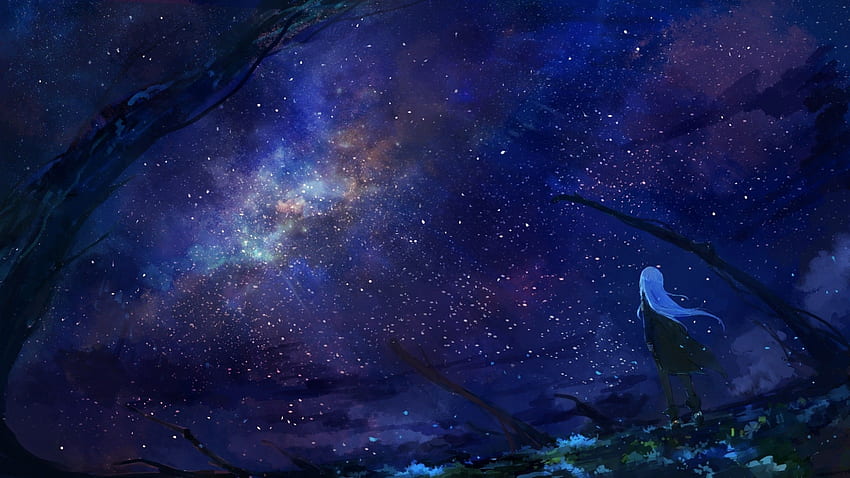 Anime Starry Sky, Anime Girl, Back View, Night, Scenic, Boots for iMac 27 inch HD wallpaper