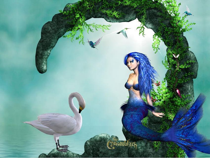 Mermaid, abstract, fantasy, hummingbirds, swan HD wallpaper
