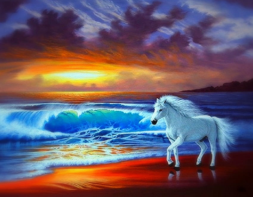 ..Shore Stunning Sunset.., カラフル, 馬, ビーチ, 色, デジタル アート, 海岸, 動物, 図面, 場所, 波, 美しい, 海, 夕日, 絵画, 創造的な既製, 雲, 空 高画質の壁紙