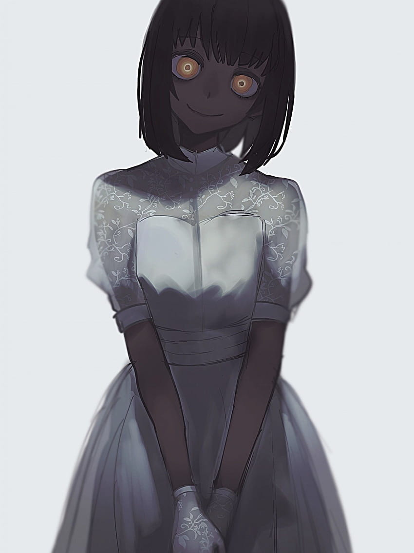 Creepy Anime Girl, Short Black Hair, White HD phone wallpaper