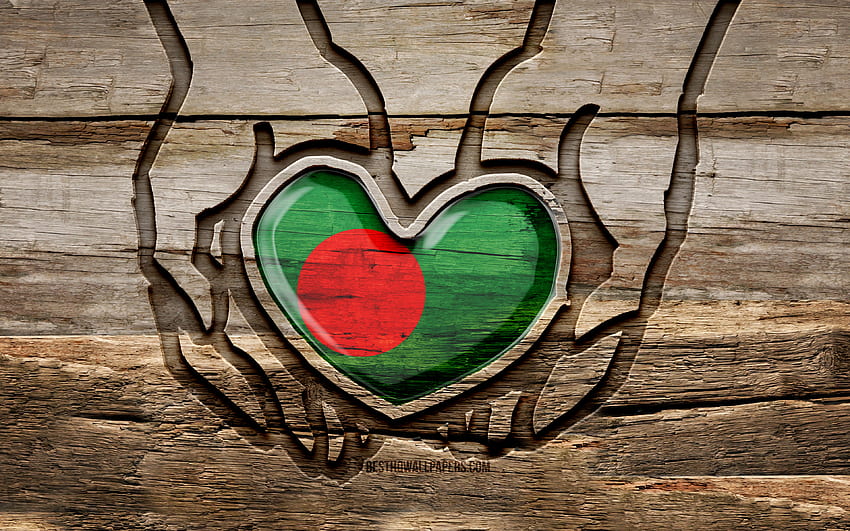 Kocham Bangladesz, drewniane rzeźbione dłonie, Dzień Bangladeszu, Flaga Bangladeszu, Flaga Bangladeszu, Zadbaj o Bangladesz, kreatywny, Flaga Bangladeszu, Flaga Bangladeszu w ręku, rzeźbienie w drewnie, Kraje azjatyckie, Bangladesz Tapeta HD