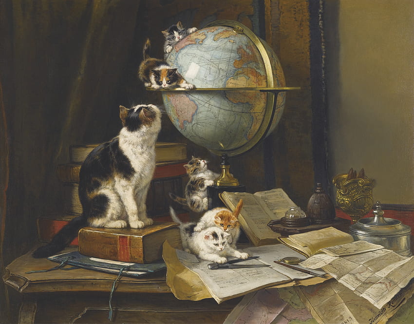 anak kucing lucu, pisica, anak kucing, lukisan, seni, pictura, henriette ronner knip, kucing, lucu Wallpaper HD