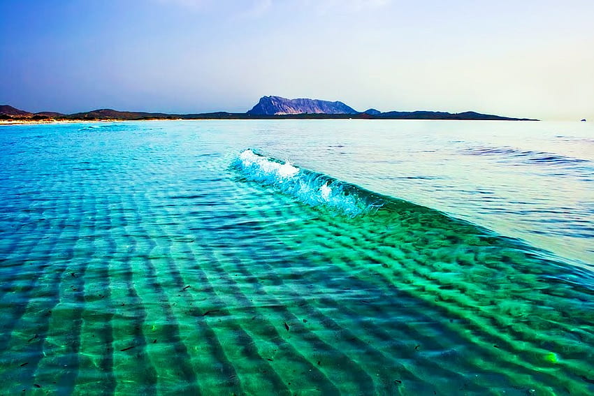 Jewelled waters, crystal clear, beach sardinia, emerald green, ripples, mountains HD wallpaper