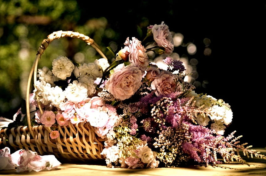 cesta con flores, flores, naturaleza, cesta, bonito fondo de pantalla