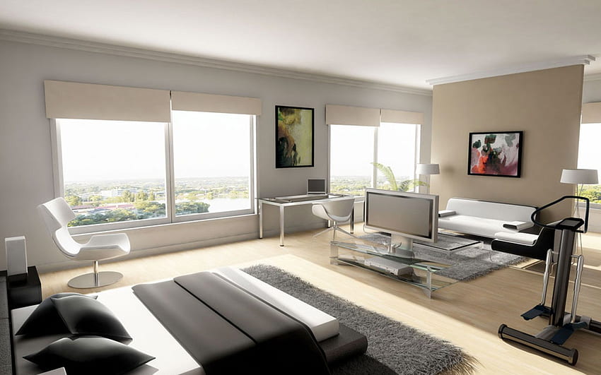Interiore della casa di lusso della parete grigia minimalista moderno con la piccola casa moderna e minimalista Sfondo HD