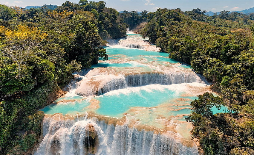 Cascades de Agua Azul, cascate, Chiapas, acqua, Messico Sfondo HD